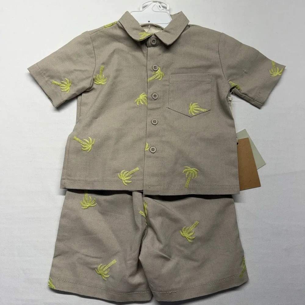 Toddler 2T Palm Tree Linen Blend Matching Set Tropical Resort Vacation Outfit